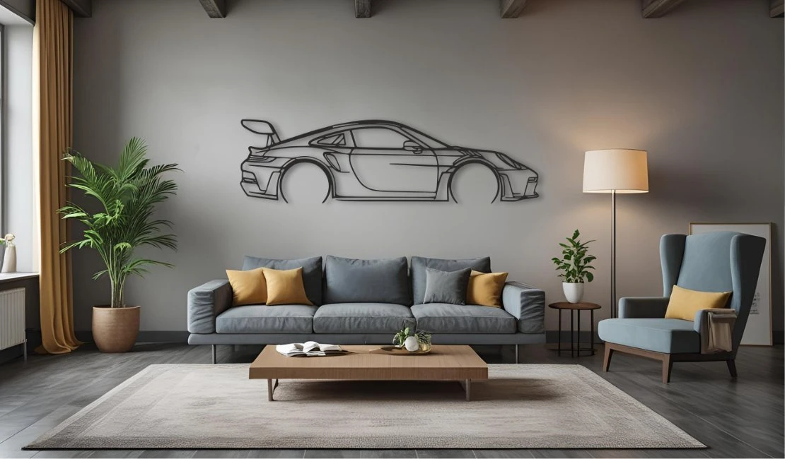 Porsche 911 GT3 RS 992 — metalowa dekoracja ścienna w salonie